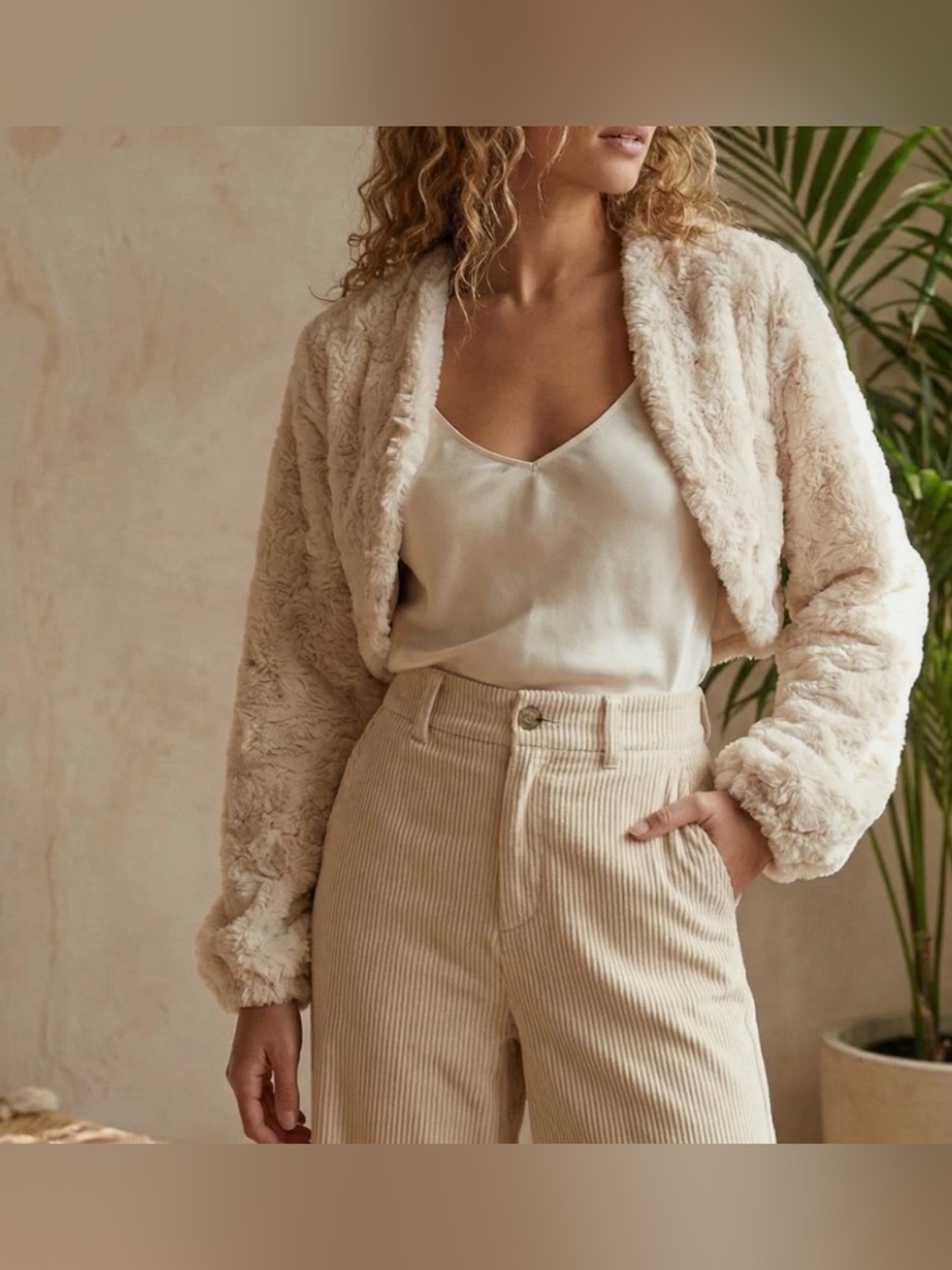 Anthropologie Soft Cream Faux-Fur Cropped Teddy Jacket